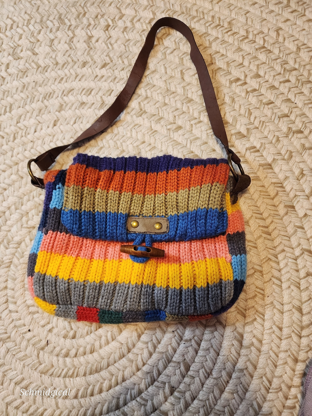Multicolor Knit StripeShoulder‎ Bag with Leather Strap Adorable
